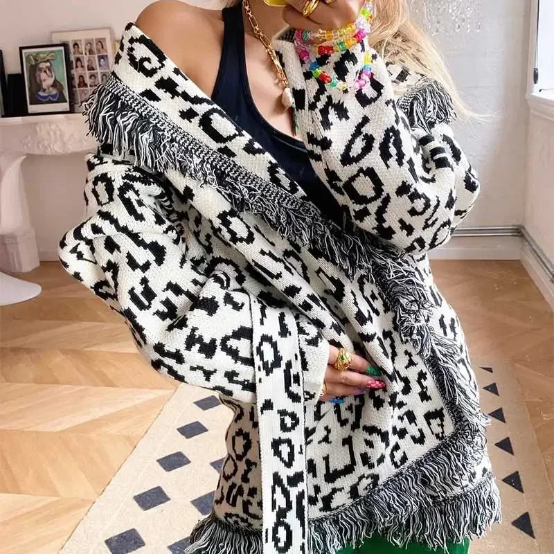 Boho Inspired Blue & White Knit Wool Cardigan – Belted Lapel Collar Sweater Jacket”