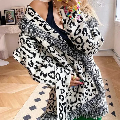 Boho Inspired Blue & White Knit Wool Cardigan – Belted Lapel Collar Sweater Jacket”