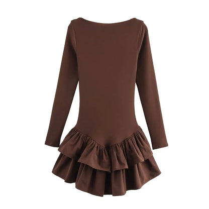 Women’s Retro Pleated Mini Dress with Ruffle Details and Boat Neck