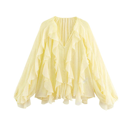 Women’s Elegant V-Neck Long Sleeve Blouse – Single-Breasted Design