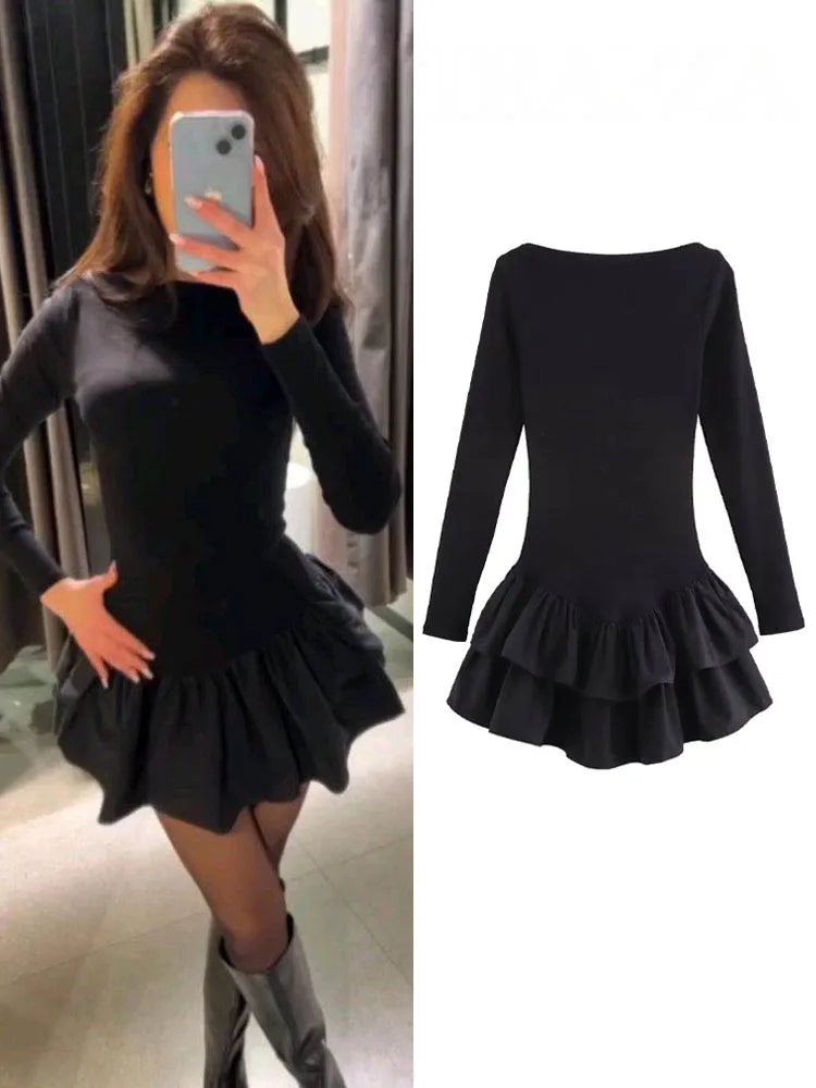 Women’s Retro Pleated Mini Dress with Ruffle Details and Boat Neck