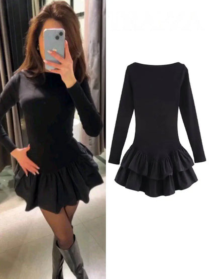 Women’s Retro Pleated Mini Dress with Ruffle Details and Boat Neck