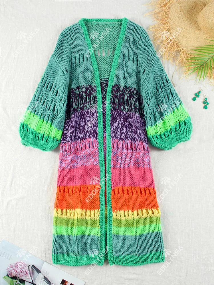 Boho Colorful Handknit Bell Sleeve Crochet Kimono Cardigan.