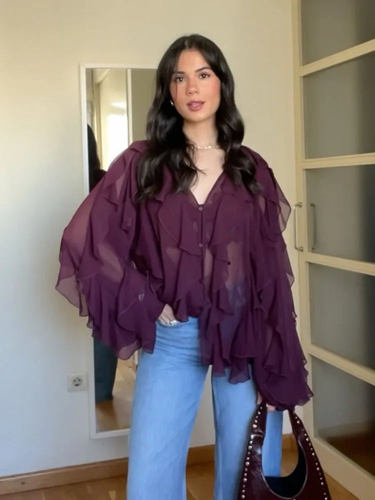 Women’s Elegant V-Neck Long Sleeve Blouse – Single-Breasted Design