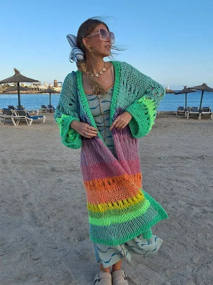 Boho Colorful Handknit Bell Sleeve Crochet Kimono Cardigan.