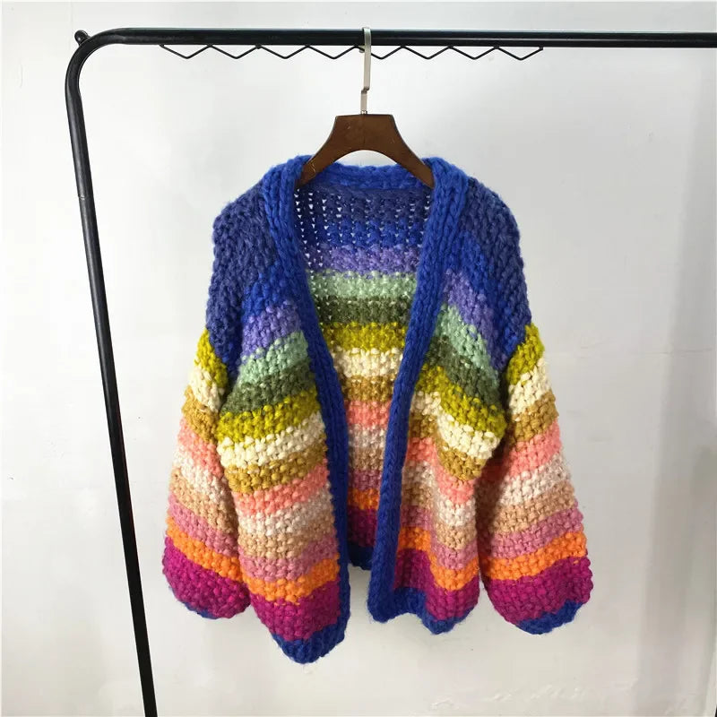 Women’s Crocheted Striped Knit Sweater – Warm Open Stitch Fall Winter