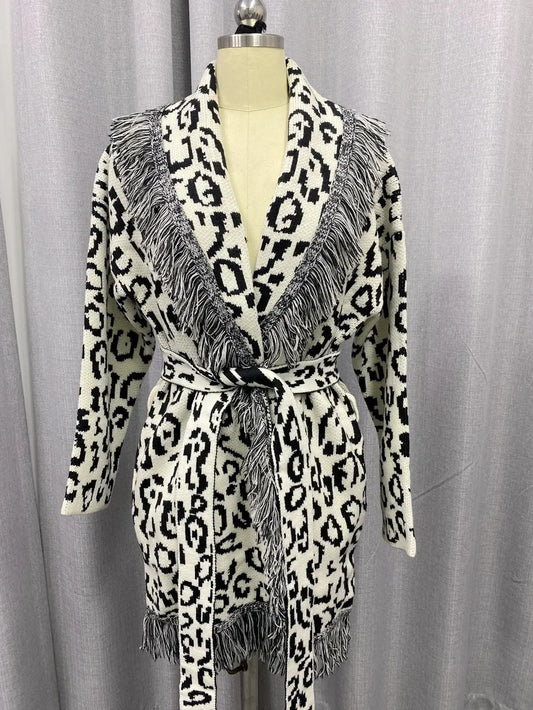 Boho Inspired Blue & White Knit Wool Cardigan – Belted Lapel Collar Sweater Jacket”