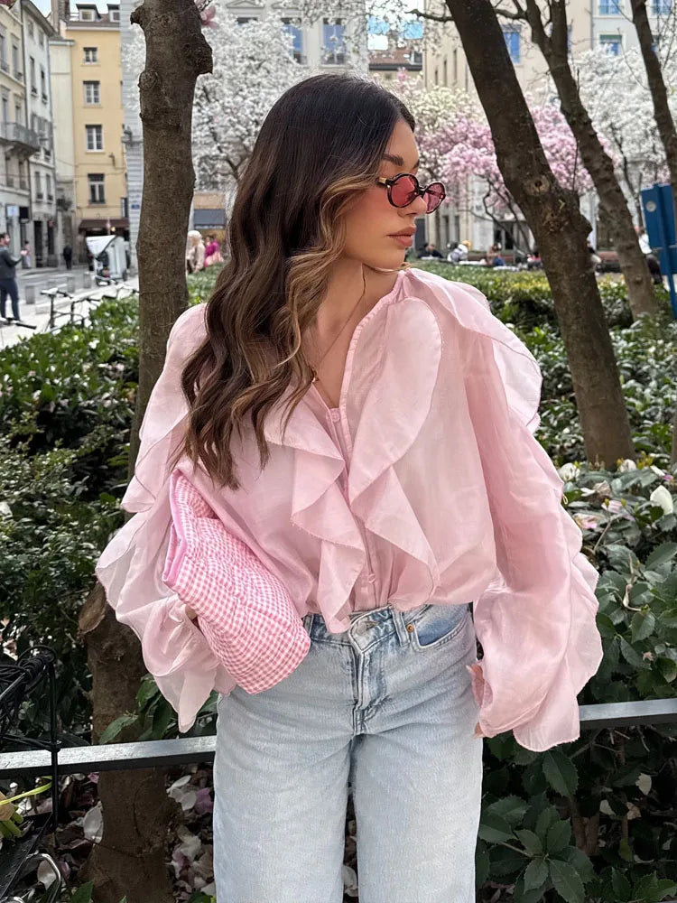 Women’s Elegant V-Neck Long Sleeve Blouse – Single-Breasted Design