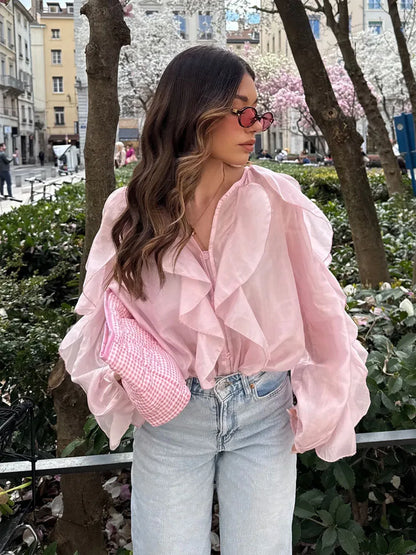 Women’s Elegant V-Neck Long Sleeve Blouse – Single-Breasted Design