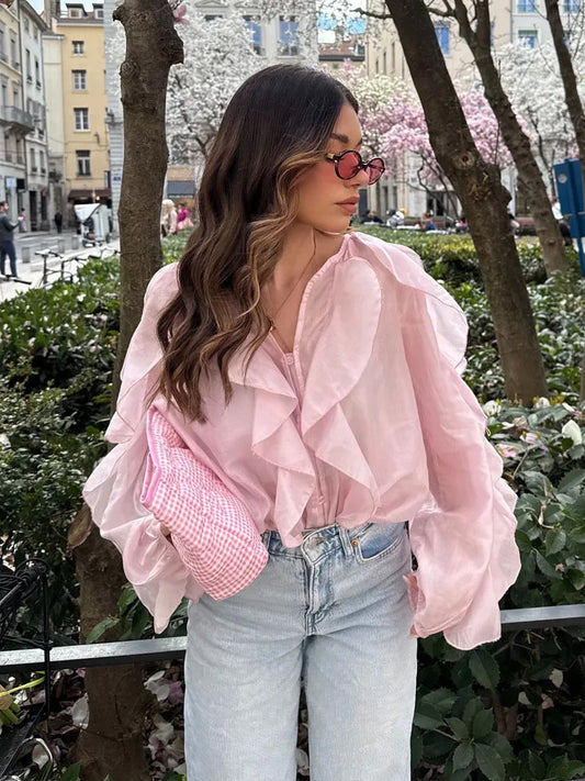 Women’s Elegant V-Neck Long Sleeve Blouse – Single-Breasted Design