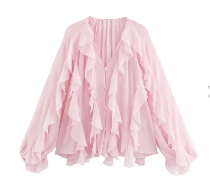 Women’s Elegant V-Neck Long Sleeve Blouse – Single-Breasted Design