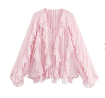 Women’s Elegant V-Neck Long Sleeve Blouse – Single-Breasted Design