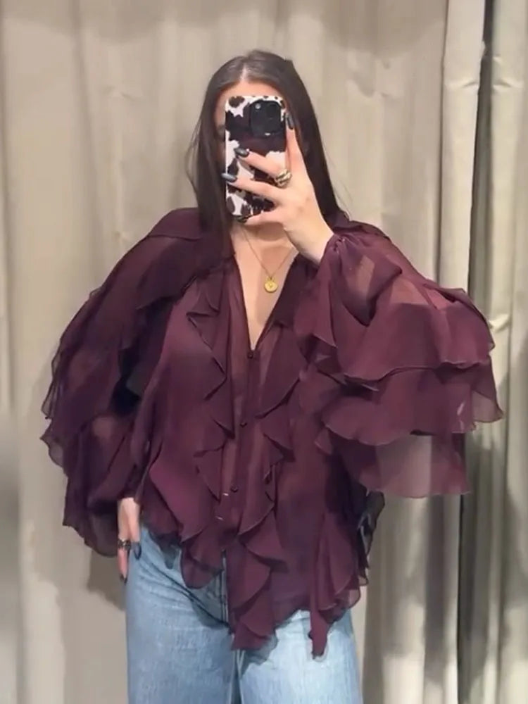 Women’s Elegant V-Neck Long Sleeve Blouse – Single-Breasted Design