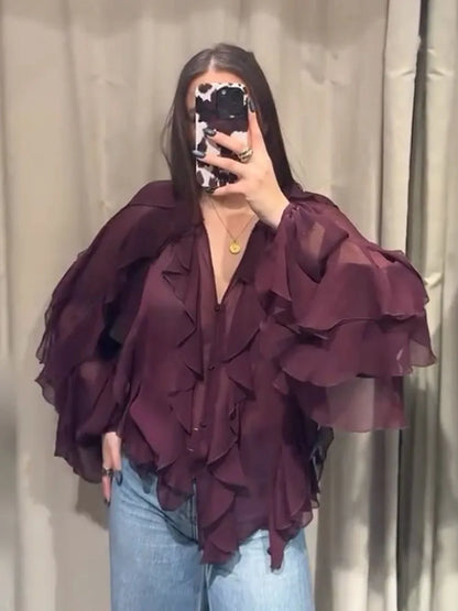 Women’s Elegant V-Neck Long Sleeve Blouse – Single-Breasted Design