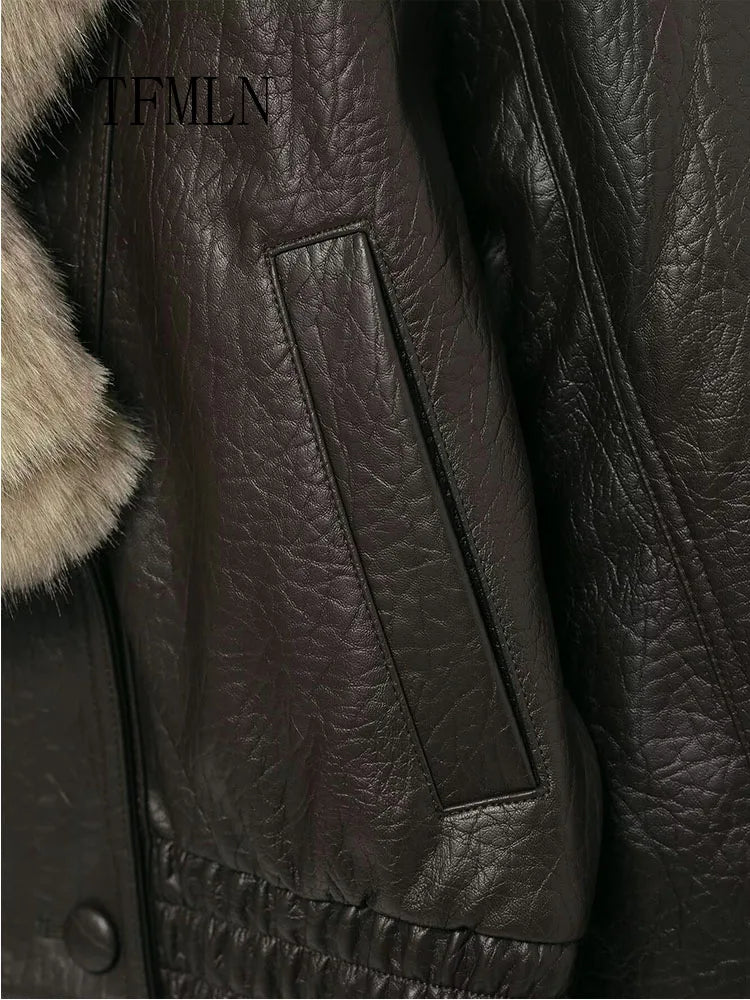 Women’s Winter Double-Breasted Faux Leather Jacket with Removable Fur Collar