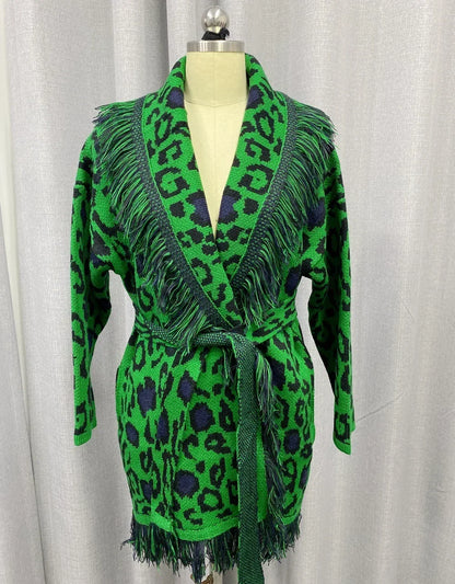 Boho Inspired Blue & White Knit Wool Cardigan – Belted Lapel Collar Sweater Jacket”