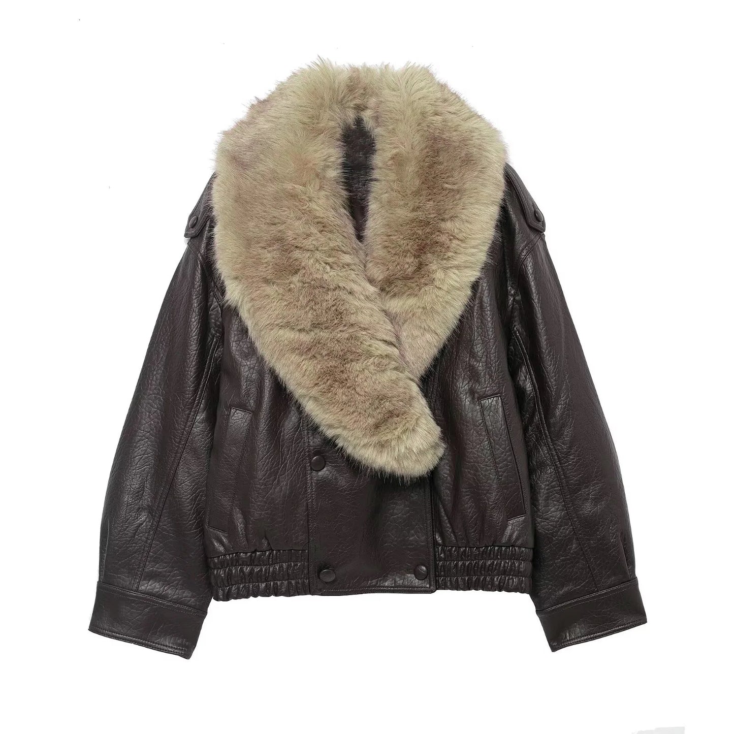 Women’s Winter Double-Breasted Faux Leather Jacket with Removable Fur Collar