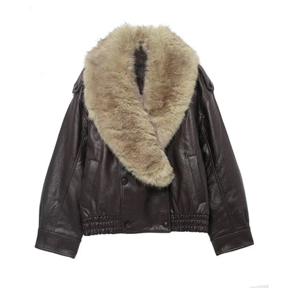 Women’s Winter Double-Breasted Faux Leather Jacket with Removable Fur Collar