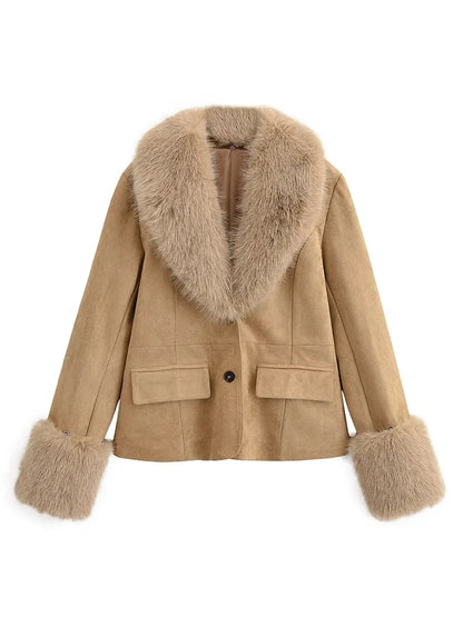 VELLA Chic Spliced Faux Fur Collar Jacket – Winter Elegance