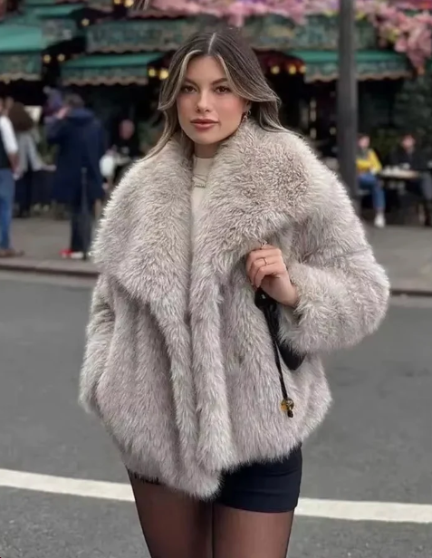 Elegant Faux Fur Lapel Coat – Warm Fluffy Jacket